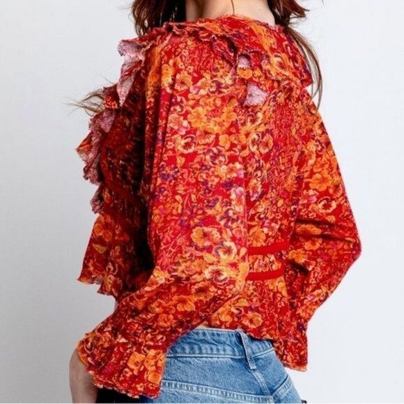 Free People OB1595772 Women's Sz M Cherry Combo Floral Rudi Ruffle Top - Picture 9 of 9
